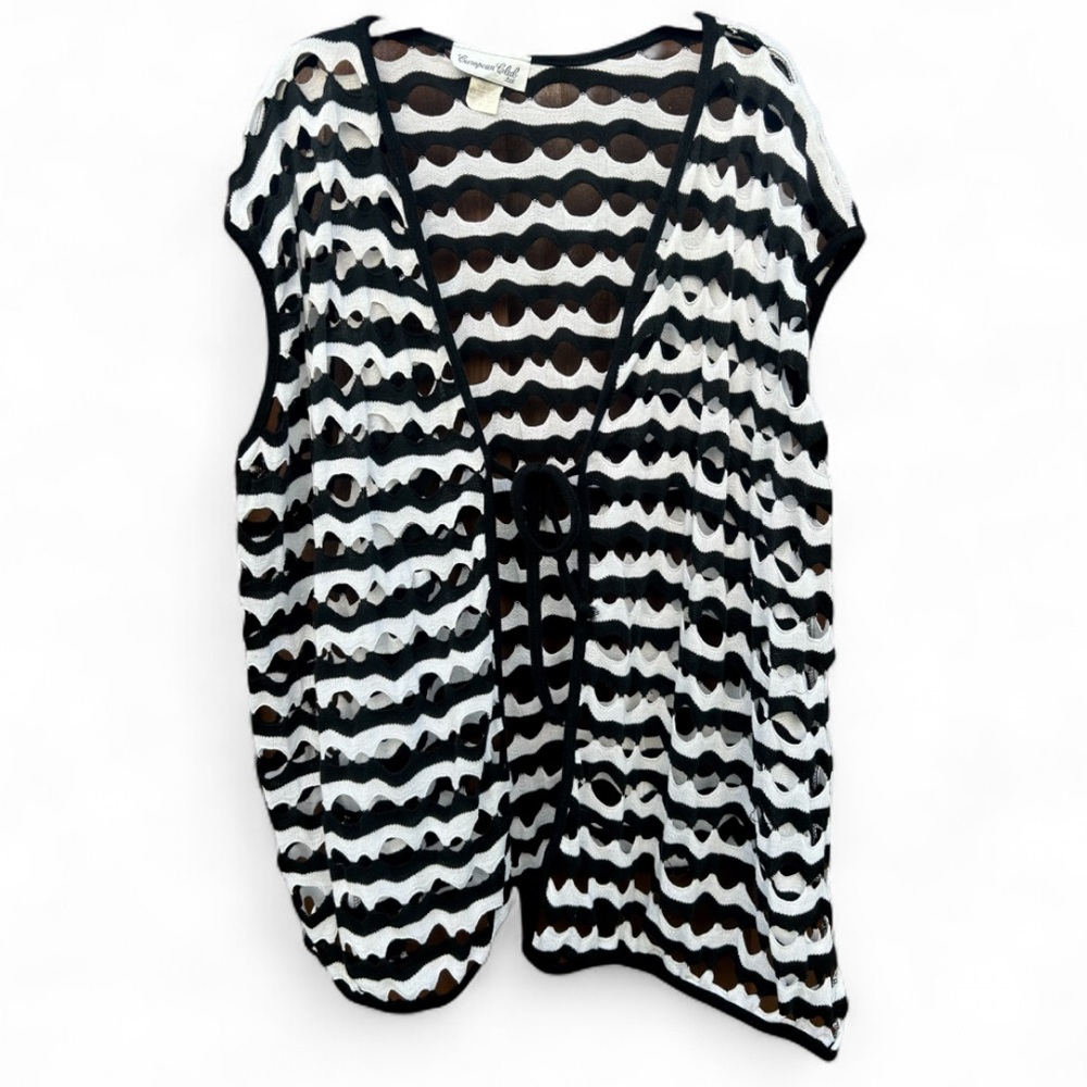 VINTAGE EUROPEAN CLUB Open Knit Vest Cardigan Lagenlook Art Wear Black White 26